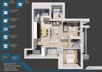 Vanzare apartament 3 camere Buna Ziua suprafata: 83 mp suprafata balcon: 6 mp suprafata teren: 0.00 mp
